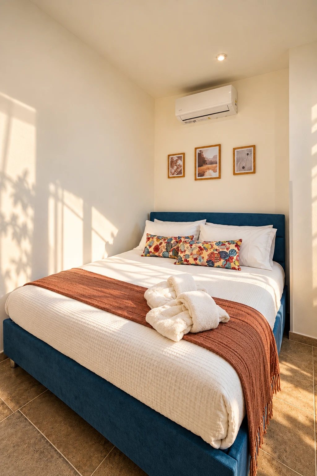 Double bedroom with colourful cushions at Rifugio sul Mare